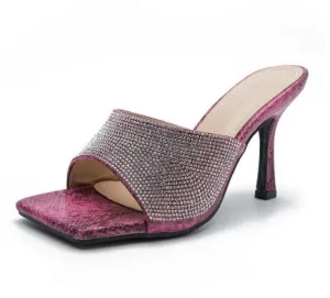 Flip Flops Tory Burch Women slippers Snake Print Rhinestone Mule High Heels Slippers Sandals Flip Flops Square Head Slides Party Shoes Female hh673