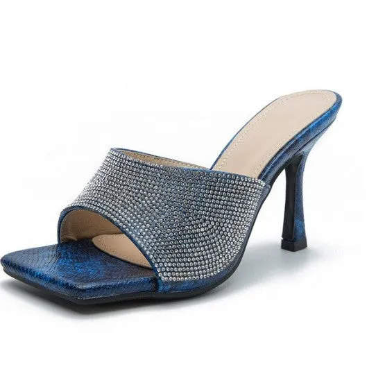 Women slippers Snake Print Rhinestone Mule High Heels Slippers Sandals Flip Flops Square Head Slides Party Shoes Female hh673 Flip Flops With Diamante