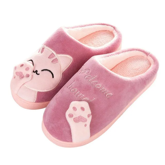 Women Winter Home Slippers Cartoon Cat Non-slip Warm Indoors Bedroom Floor Shoes Plush Slippers Women Faux Fur Slides Flip Flops Stick On Flip Flops