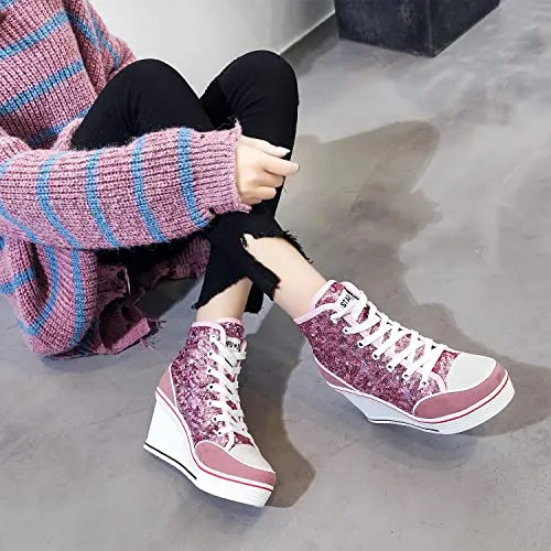 Women's Canvas High-Heeled Bling Shoes Casual Shoes Fashion Sparkling Sneakers for Walking Platform Wedges Pump Shoes Pink, 8 Sneakers Shoes Heels