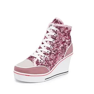 Women's Canvas High-Heeled Bling Shoes Casual Shoes Fashion Sparkling Sneakers for Walking Platform Wedges Pump Shoes Pink, 8 Sneakers On Line