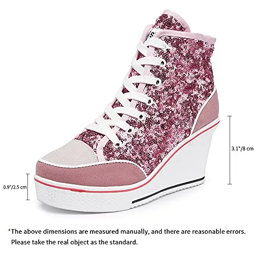 Sneakers Size 11 Wide Women's Canvas High-Heeled Bling Shoes Casual Shoes Fashion Sparkling Sneakers for Walking Platform Wedges Pump Shoes Pink, 8