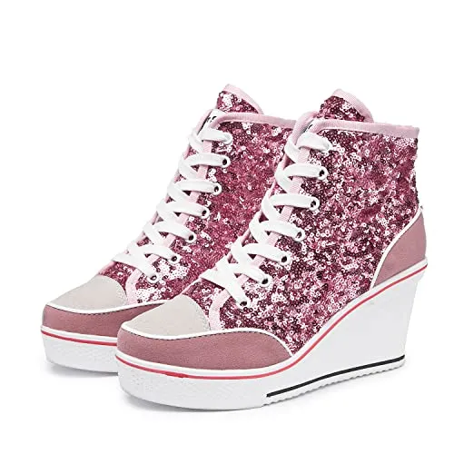 Women's Canvas High-Heeled Bling Shoes Casual Shoes Fashion Sparkling Sneakers for Walking Platform Wedges Pump Shoes Pink, 8 Holo Sneakers