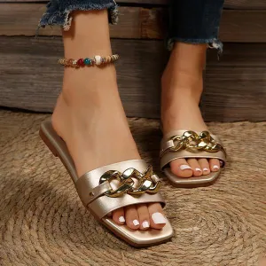 Women's Fashion Chain Square Toe Flat Slippers 33254209S Ballet Slippers Nail