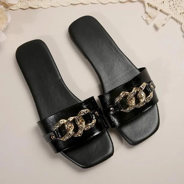 Women's Fashion Chain Square Toe Flat Slippers 33254209S Jack Skeleton Slippers