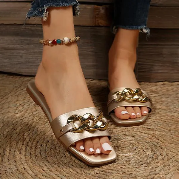 Bumba Slippers Women's Fashion Chain Square Toe Flat Slippers 33254209S