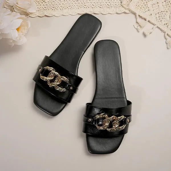 Ruby Slippers Oakleaf Hydrangea Women's Fashion Chain Square Toe Flat Slippers 33254209S