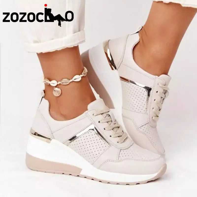 Golden Sneakers Women's Lace-Up Wedge Casual Sneakers