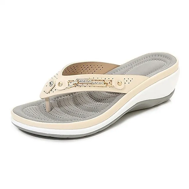 Molded Flip Flops Women's Slippers Flip-Flops Outdoor Slippers Beach Slippers Daily Beach Summer Rhinestone Wedge Heel Round Toe Basic Casual Minimalism Faux Leather Loafer Color Block Almond Black White