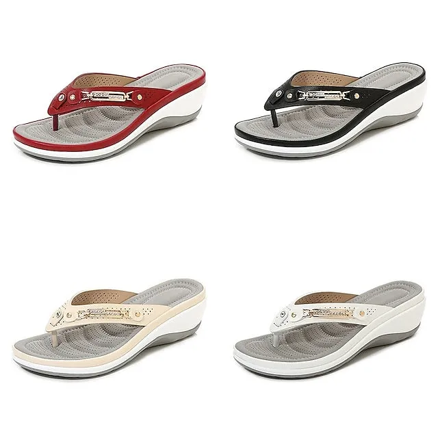 Size 2 Flip Flops Women's Slippers Flip-Flops Outdoor Slippers Beach Slippers Daily Beach Summer Rhinestone Wedge Heel Round Toe Basic Casual Minimalism Faux Leather Loafer Color Block Almond Black White