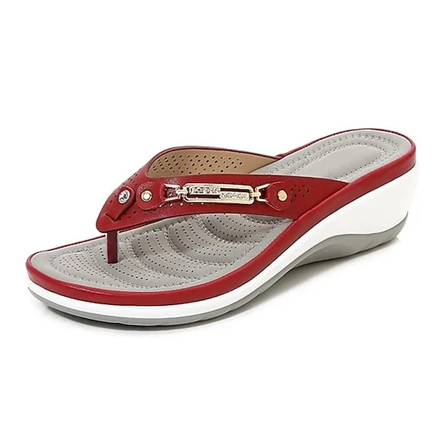 Women's Slippers Flip-Flops Outdoor Slippers Beach Slippers Daily Beach Summer Rhinestone Wedge Heel Round Toe Basic Casual Minimalism Faux Leather Loafer Color Block Almond Black White Arch Support Flip Flops Uk