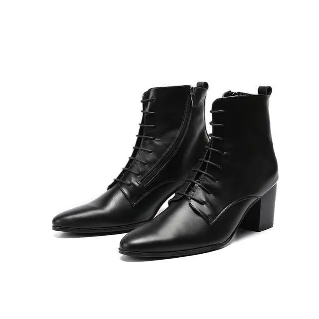 Wide Toe Work Boots Black Soft Leather Ankle Boots Thick Heels Men Shoes