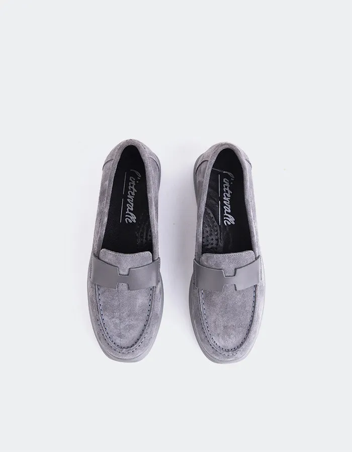 Yasmin Grey Suede Loafers With Chain