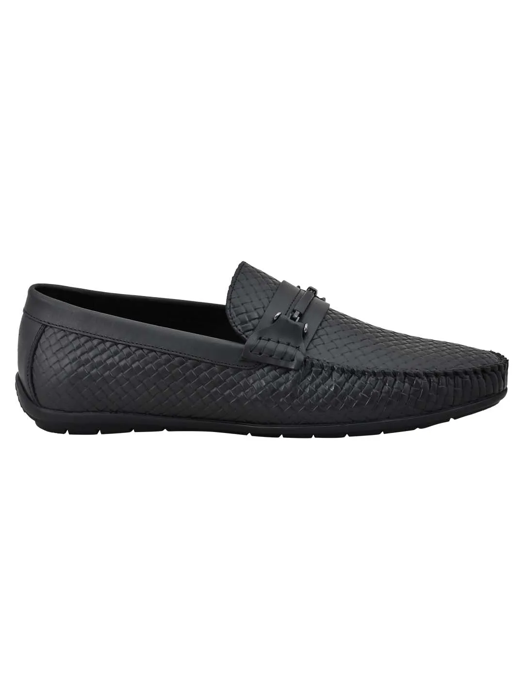 Men Black Basket Weave Textured Loafers Sandy Liang Loafers