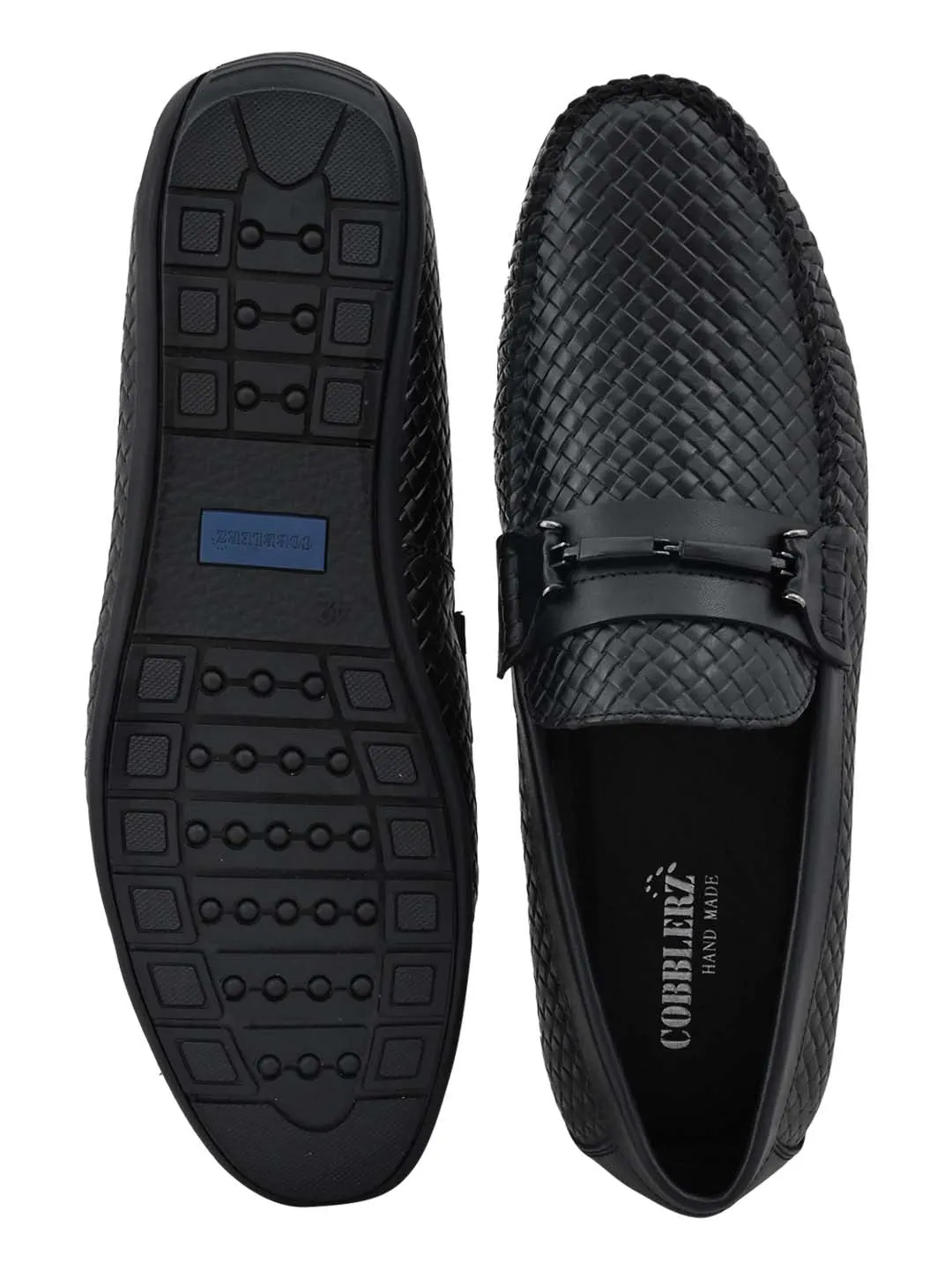 Men Black Basket Weave Textured Loafers Spike Loafers