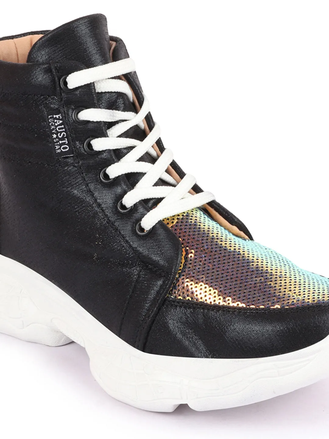 Women Black High Ankle Lace Up Embellished Sneakers Walk In Sneakers