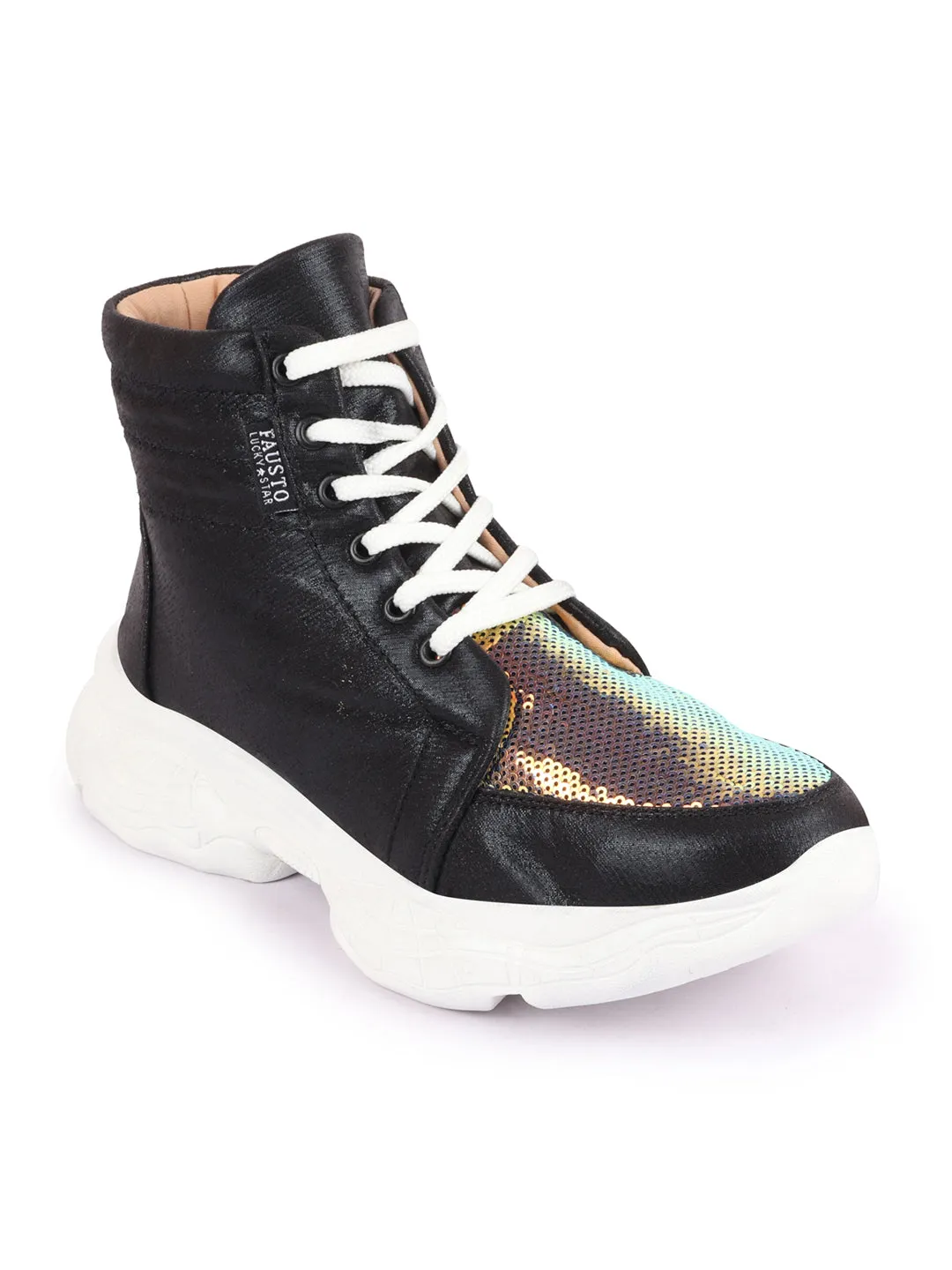 Smart Sneakers Women Black High Ankle Lace Up Embellished Sneakers