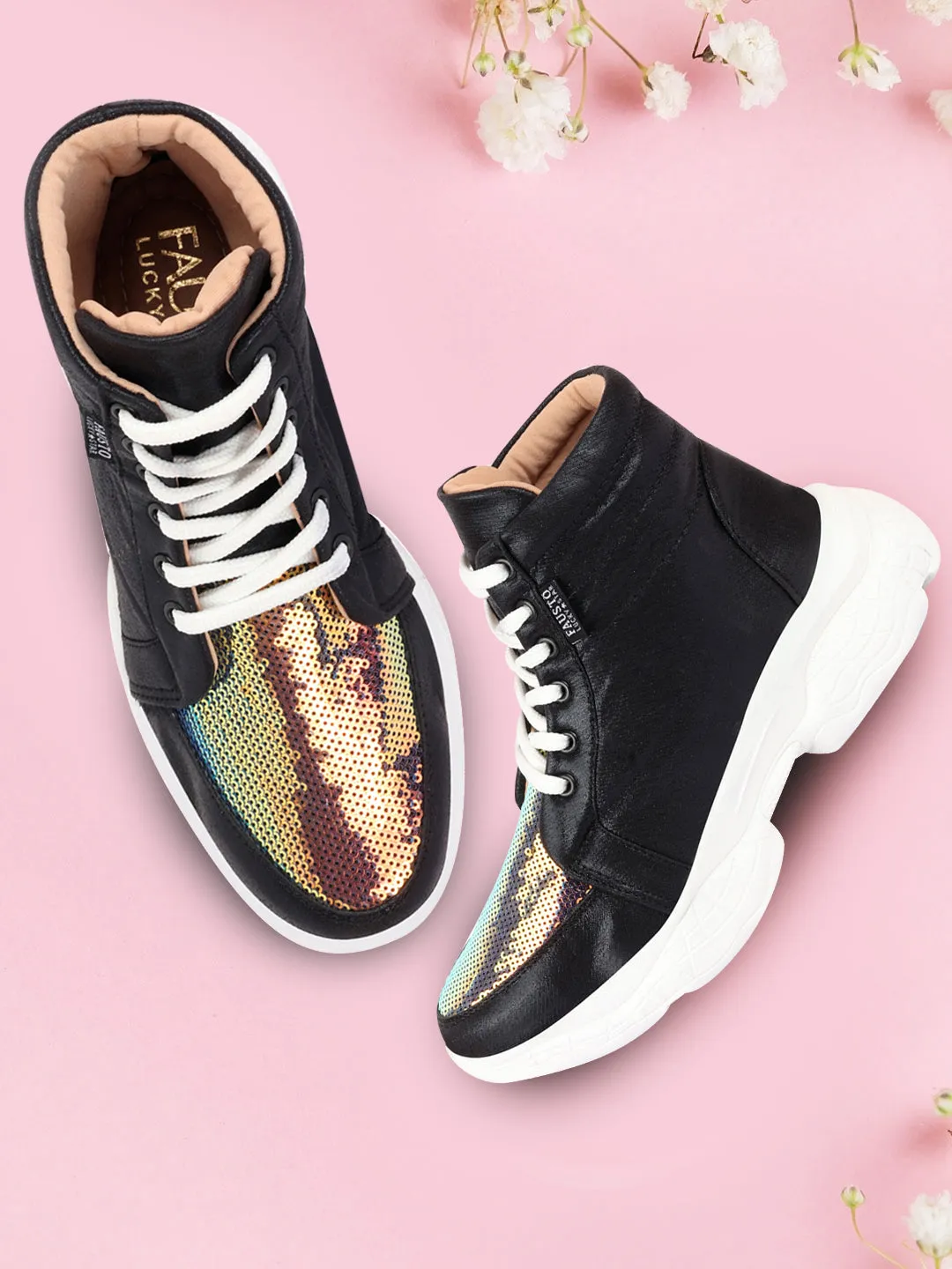 Shoes And Sneakers Women Black High Ankle Lace Up Embellished Sneakers
